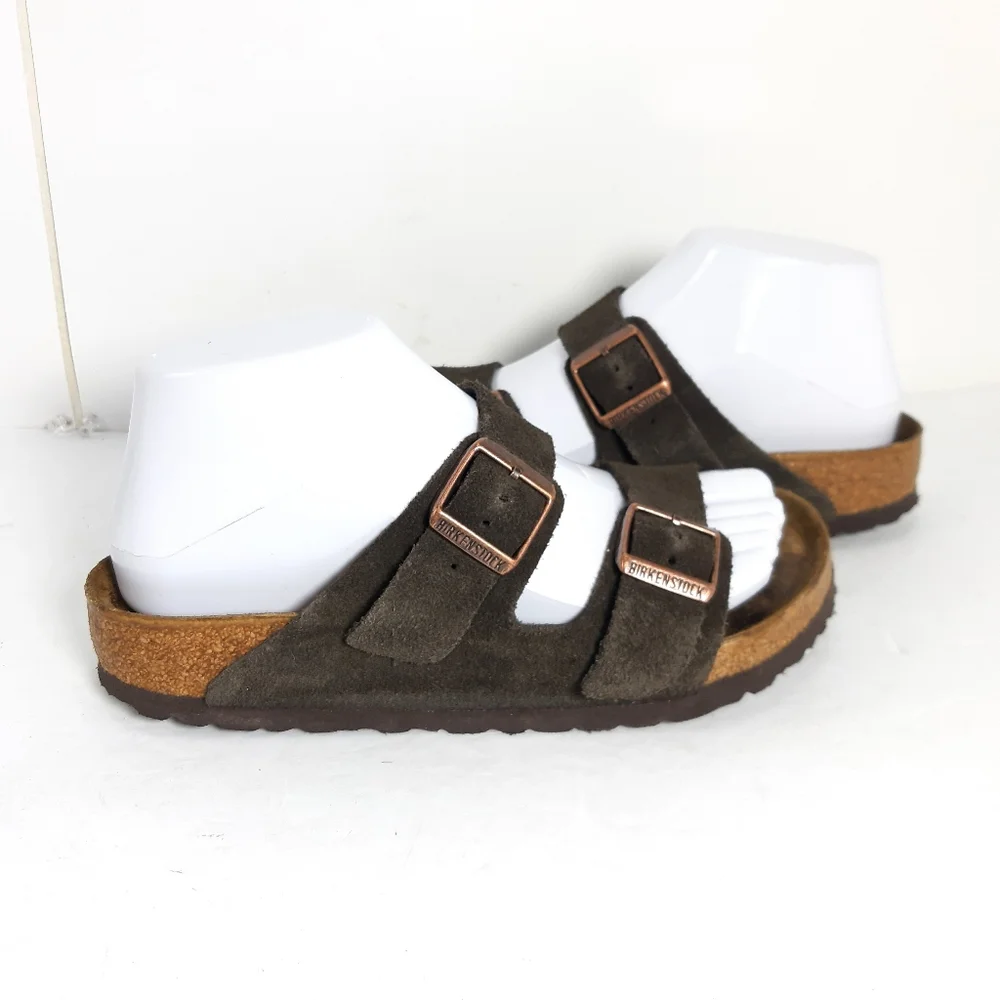 BIRKENSTOCK  women's Arizona Birko-Flor Nubuck Mocha Two-Strap Sandals EU36 Us5_9